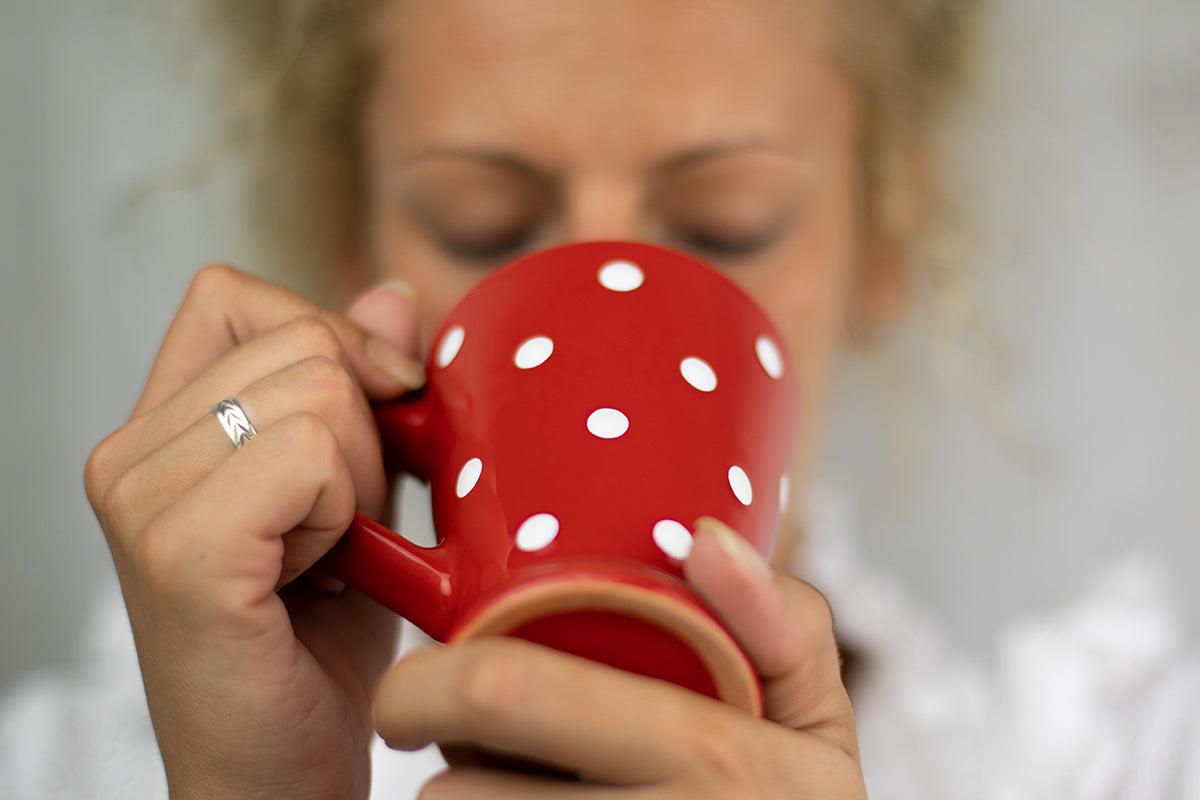Red And White Polka Dot Spotty Handmade Hand Painted Ceramic Coffee Tea Latte Mug with Large Handle 8 oz - 220 ml