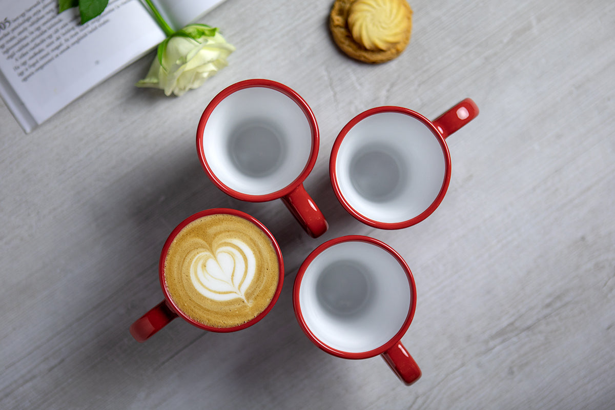 Red And White Polka Dot Spotty Handmade Hand Painted Ceramic Coffee Tea Latte Mug with Large Handle 8 oz - 220 ml