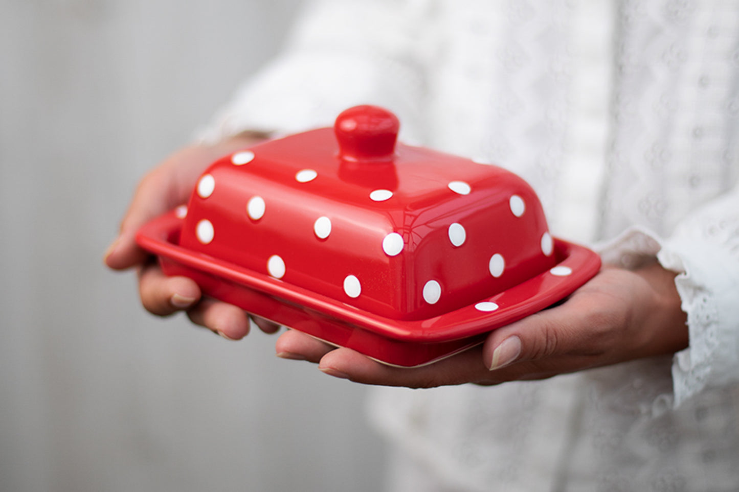 Red And White Polka Dot Spotty Handmade Hand Painted Ceramic Butter Dish With Lid
