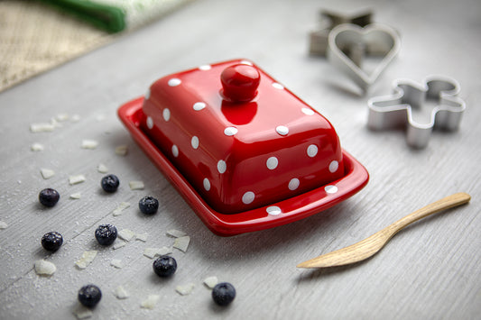 Red And White Polka Dot Spotty Handmade Hand Painted Ceramic Butter Dish With Lid