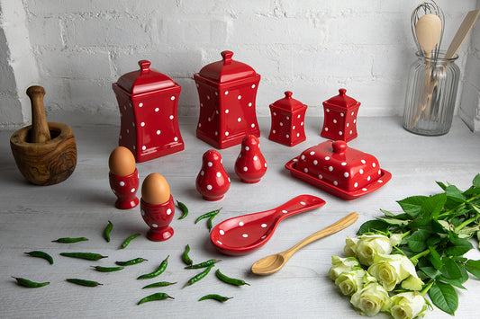 Red And White Polka Dot Spotty Handmade Hand Painted Ceramic Kitchen Serving Storage Set of 10