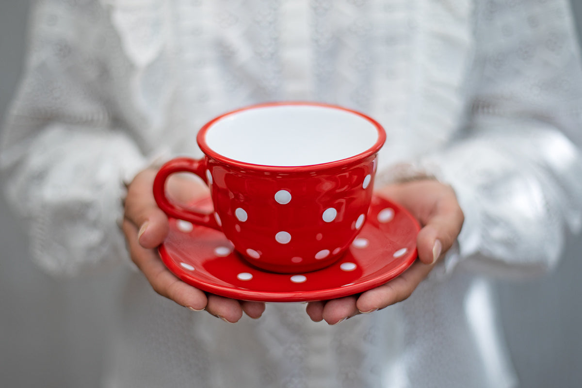 Red And White Polka Dot Spotty Handmade Hand Painted Large Unique Ceramic 12oz-350ml Cappuccino Coffee Tea Cup with Saucer