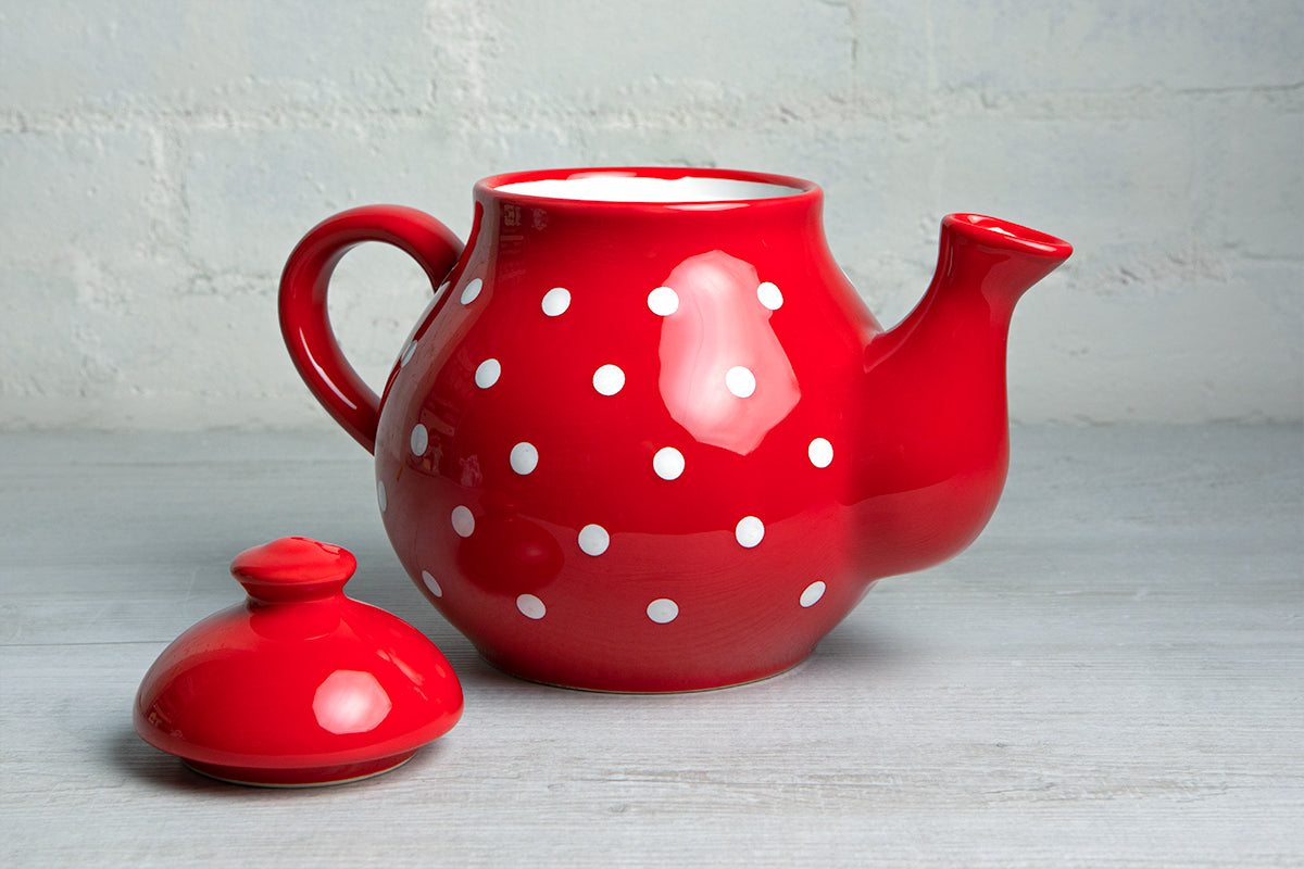 Red And White Polka Dot Spotty Large Handmade Hand Painted Ceramic Teapot with Handle 60 oz / 1.7 l