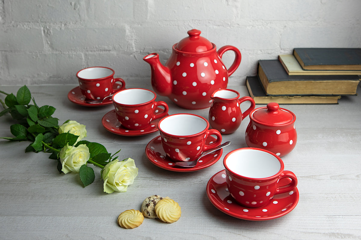 Red And White Polka Dot Spotty Handmade Hand Painted Ceramic Large Teapot Milk Jug Sugar Bowl Set With 4 Cups and Saucers