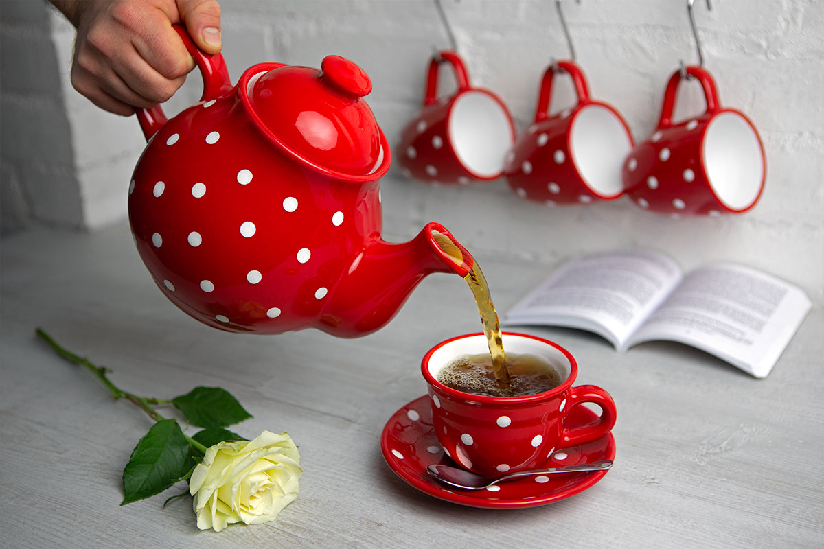 Red And White Polka Dot Spotty Handmade Hand Painted Ceramic Large Teapot Milk Jug Sugar Bowl Set With 4 Cups and Saucers