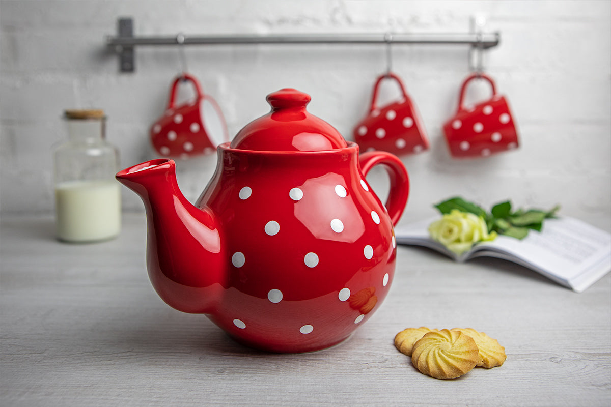Red And White Polka Dot Spotty Handmade Hand Painted Ceramic Large Teapot Milk Jug Sugar Bowl Set With 4 Cups and Saucers