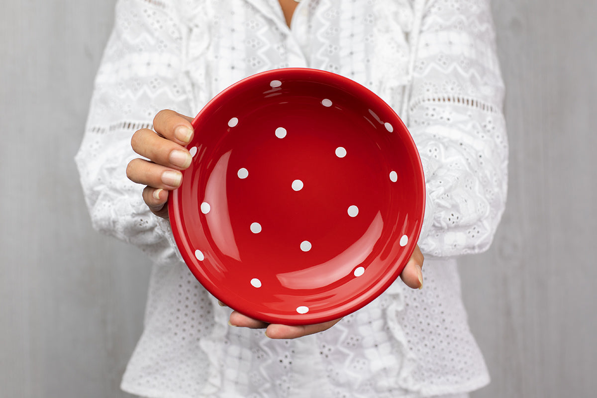 Red And White Polka Dot Spotty Handmade Hand Painted Ceramic Salad Pasta Fruit Cereal Soup Bowl