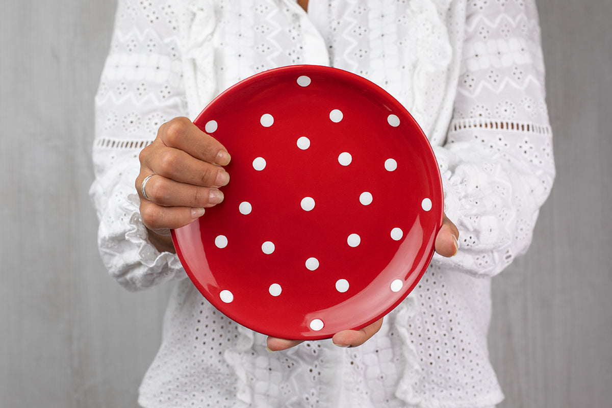 Red And White Polka Dot Spotty Handmade Hand Painted Glazed Ceramic Side Dessert Plate