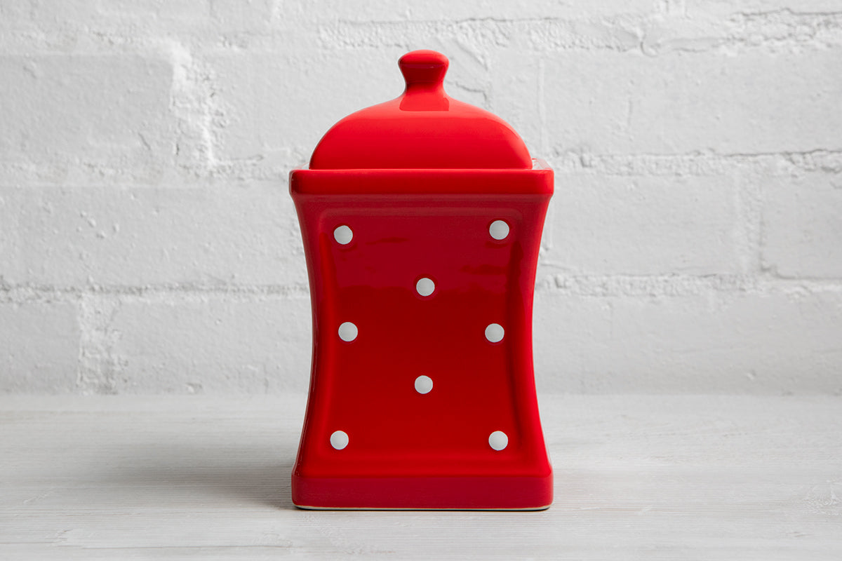 Red And White Polka Dot Spotty Handmade Hand Painted Large Ceramic Kitchen Storage Jar