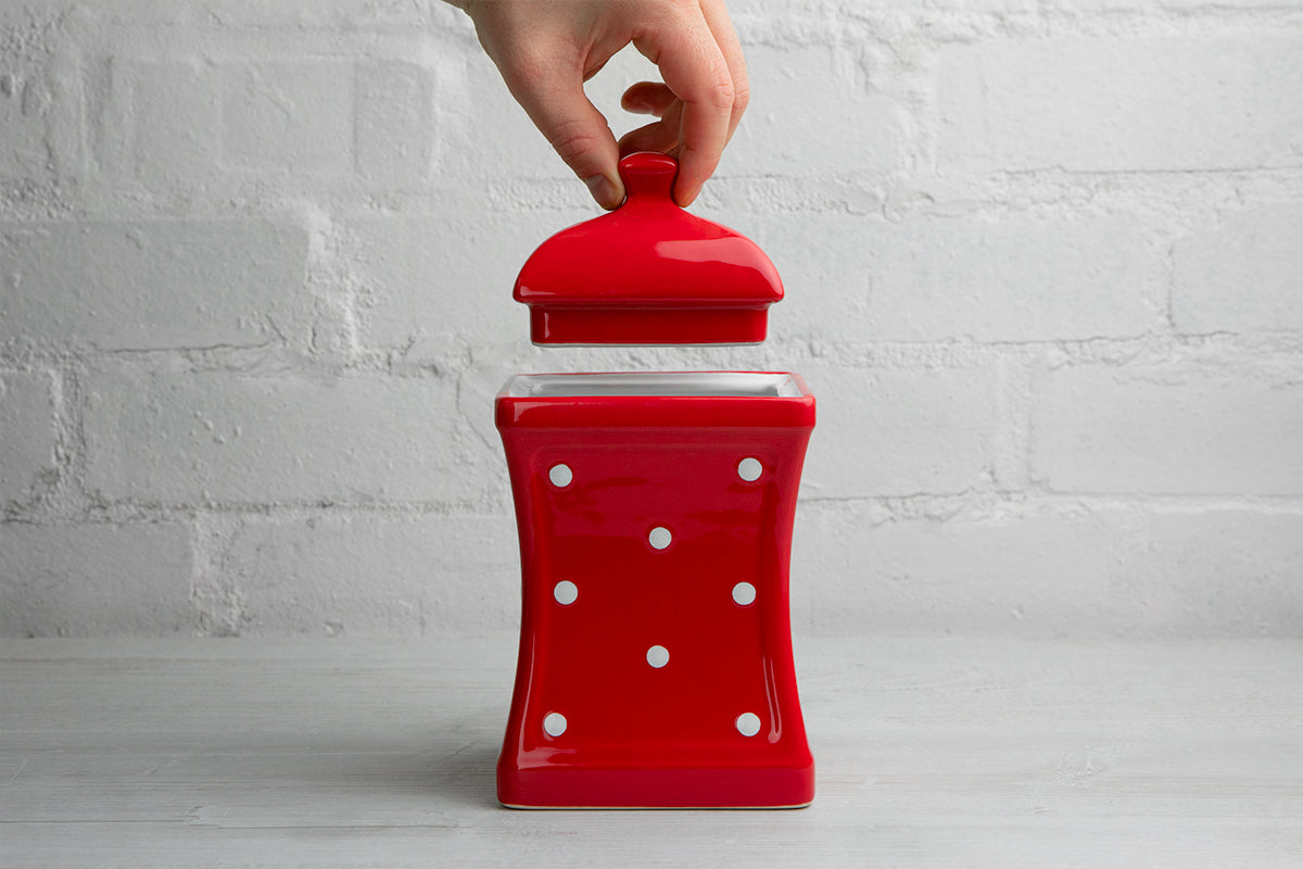 Red And White Polka Dot Spotty Handmade Hand Painted Large Ceramic Kitchen Storage Jar