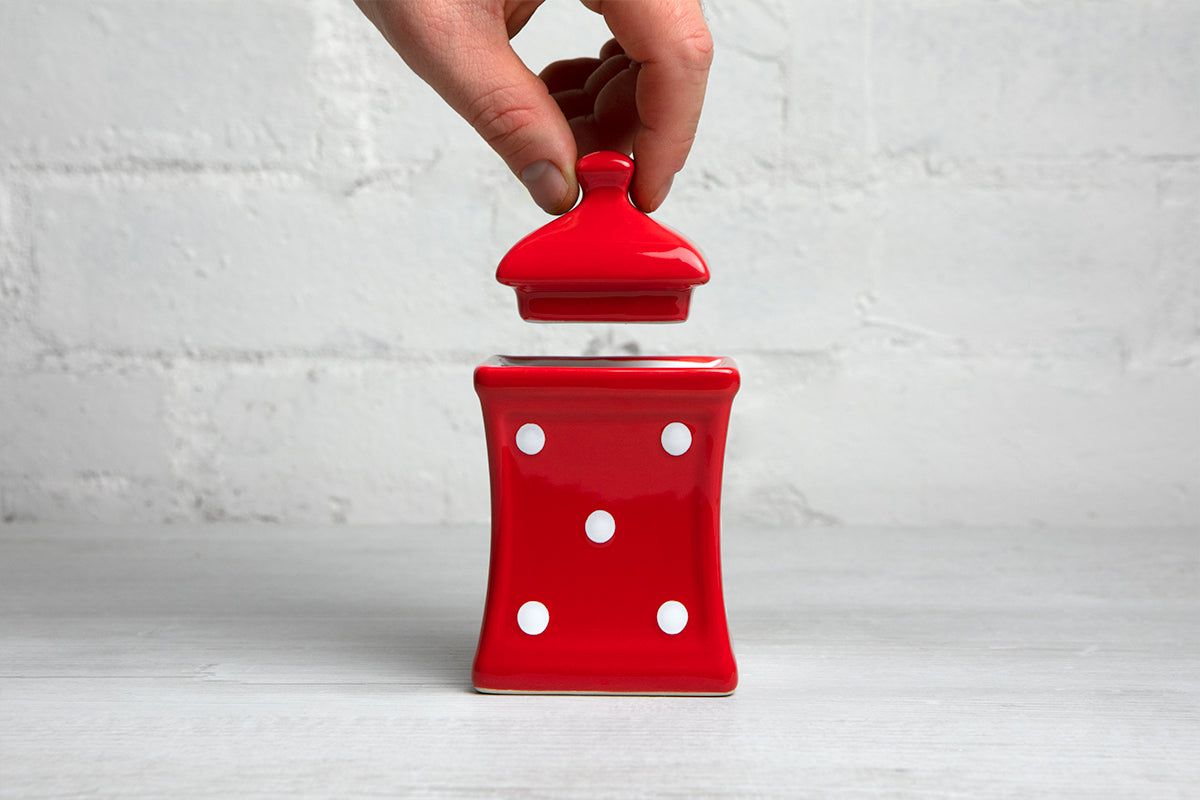 Red And White Polka Dot Spotty Handmade Hand Painted Small Ceramic Kitchen Herb Spice Storage Jar with Lid