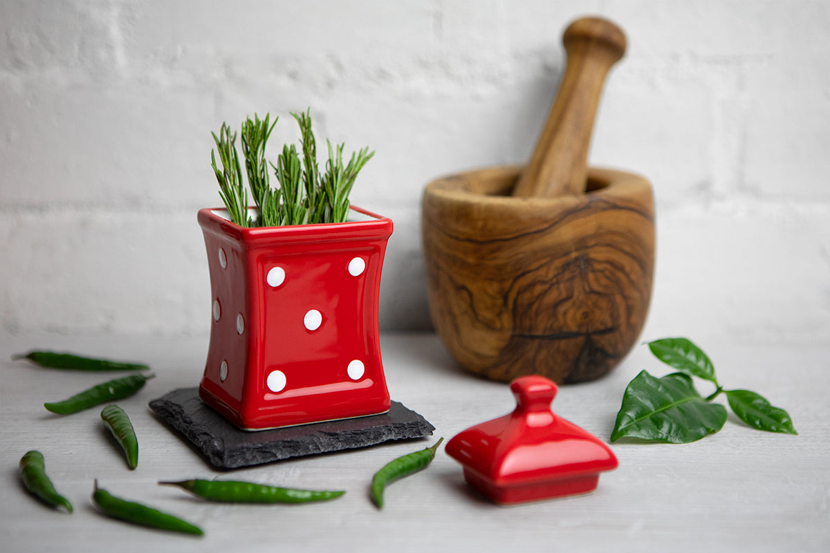 Red And White Polka Dot Spotty Handmade Hand Painted Small Ceramic Kitchen Herb Spice Storage Jar with Lid