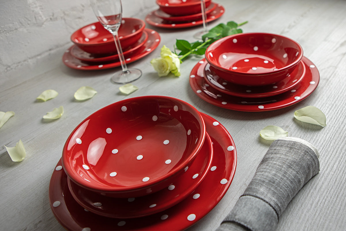 Red and White Polka Dot Spotty Handmade Hand Painted Ceramic 12 piece Dinnerware Service for 4