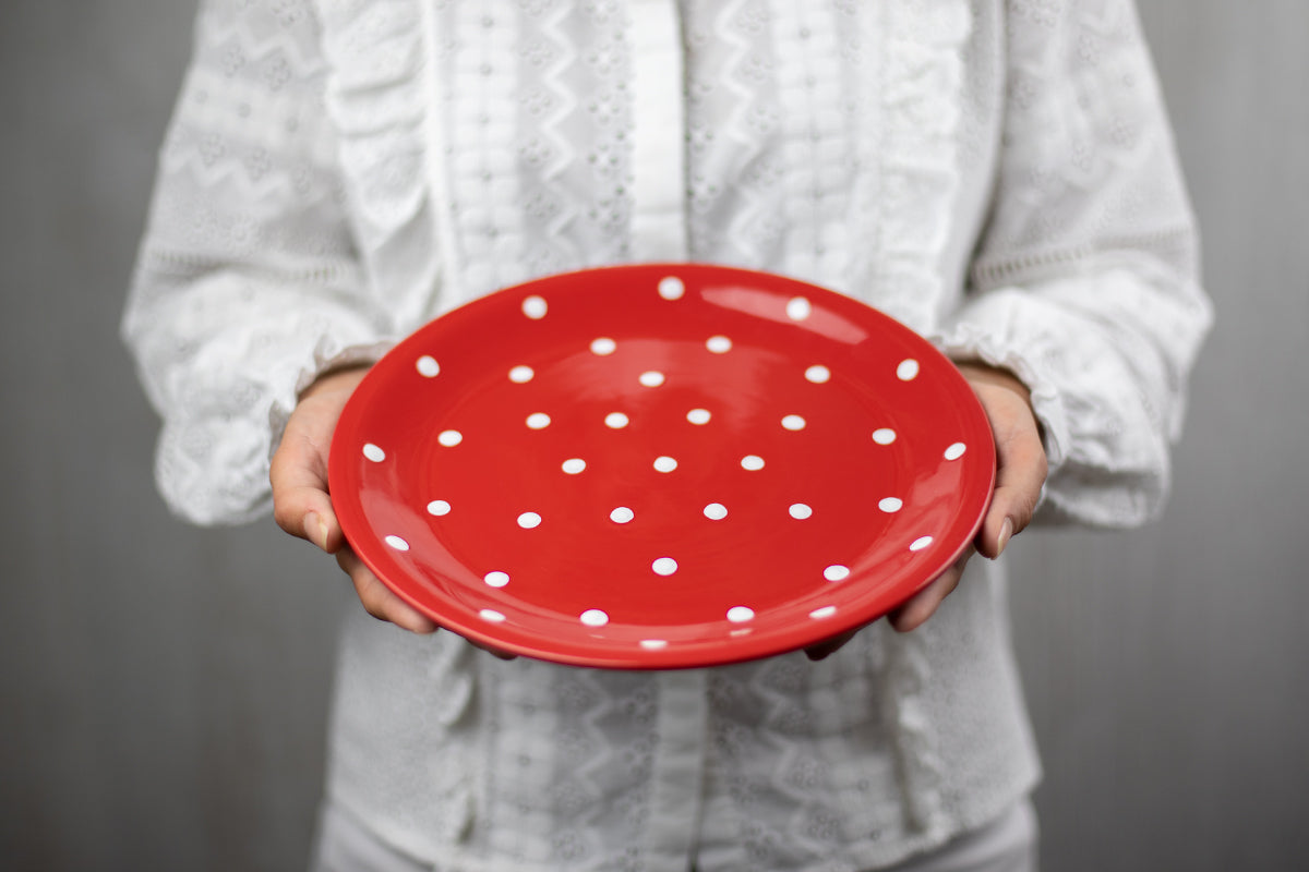 Red and White Polka Dot Spotty Handmade Hand Painted Ceramic 12 piece Dinnerware Service for 4