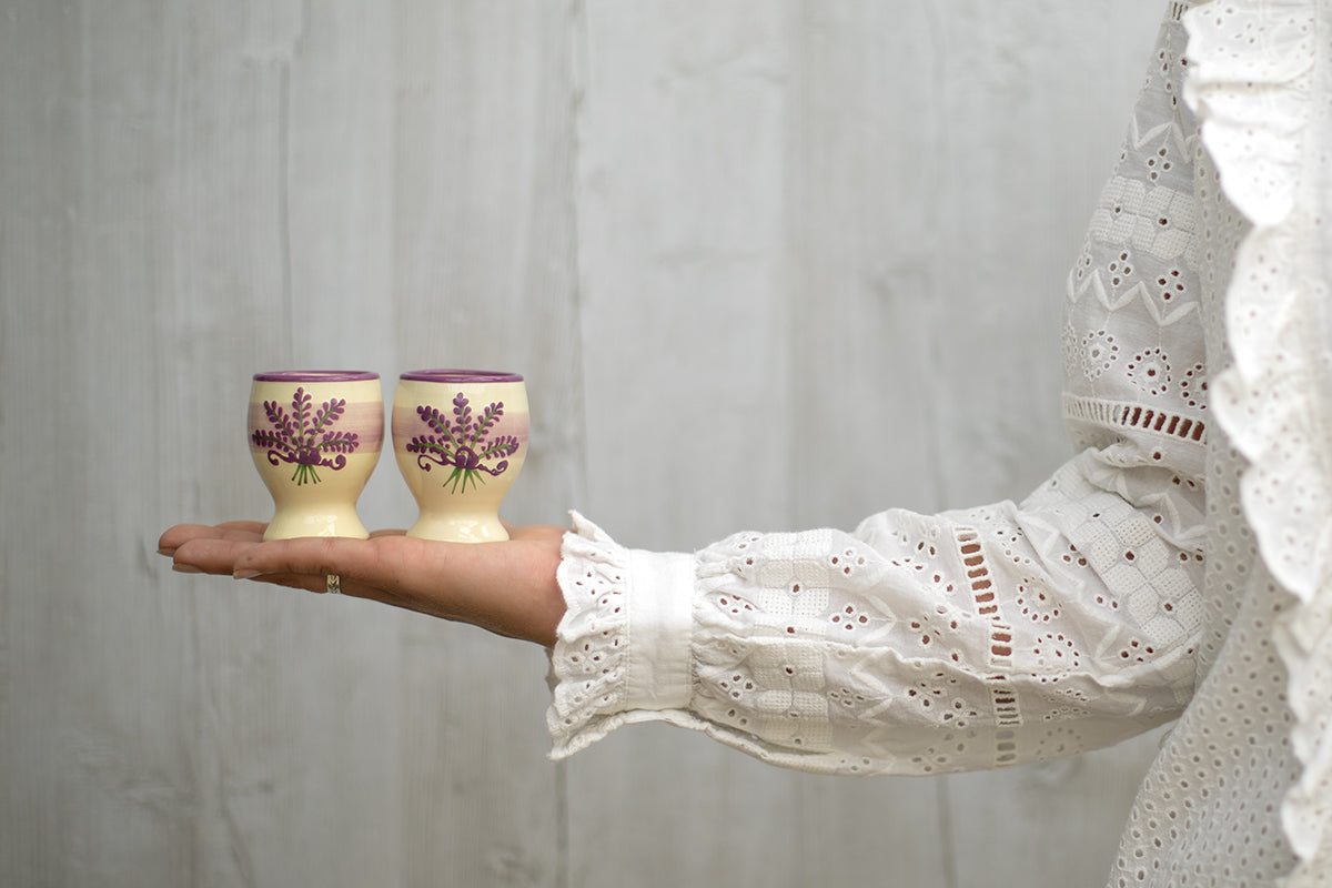 Lavender Pattern Purple And Cream Handmade Egg Cup Holder Set of 2
