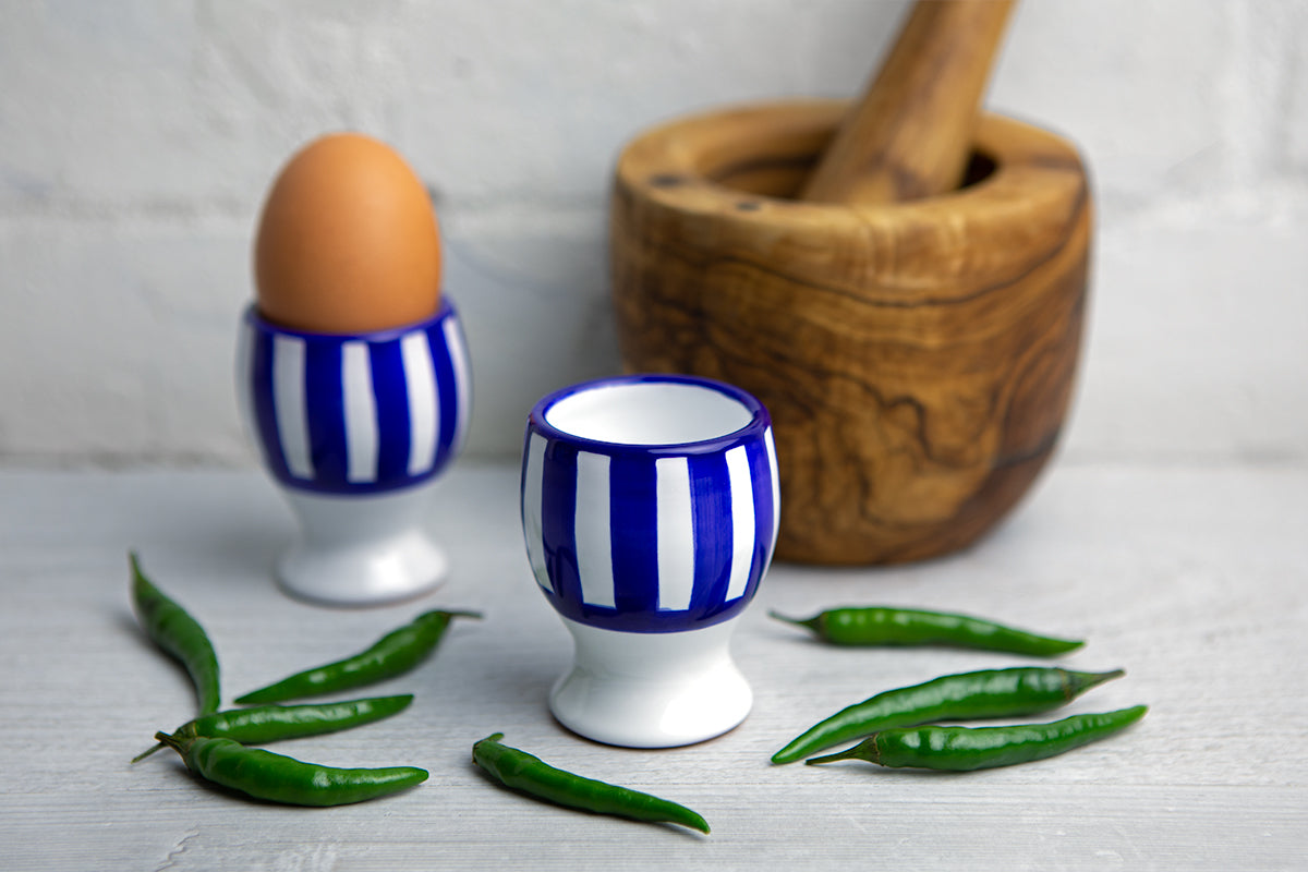 Dark Navy Blue Striped Handmade Egg Cup Holder Set of 2