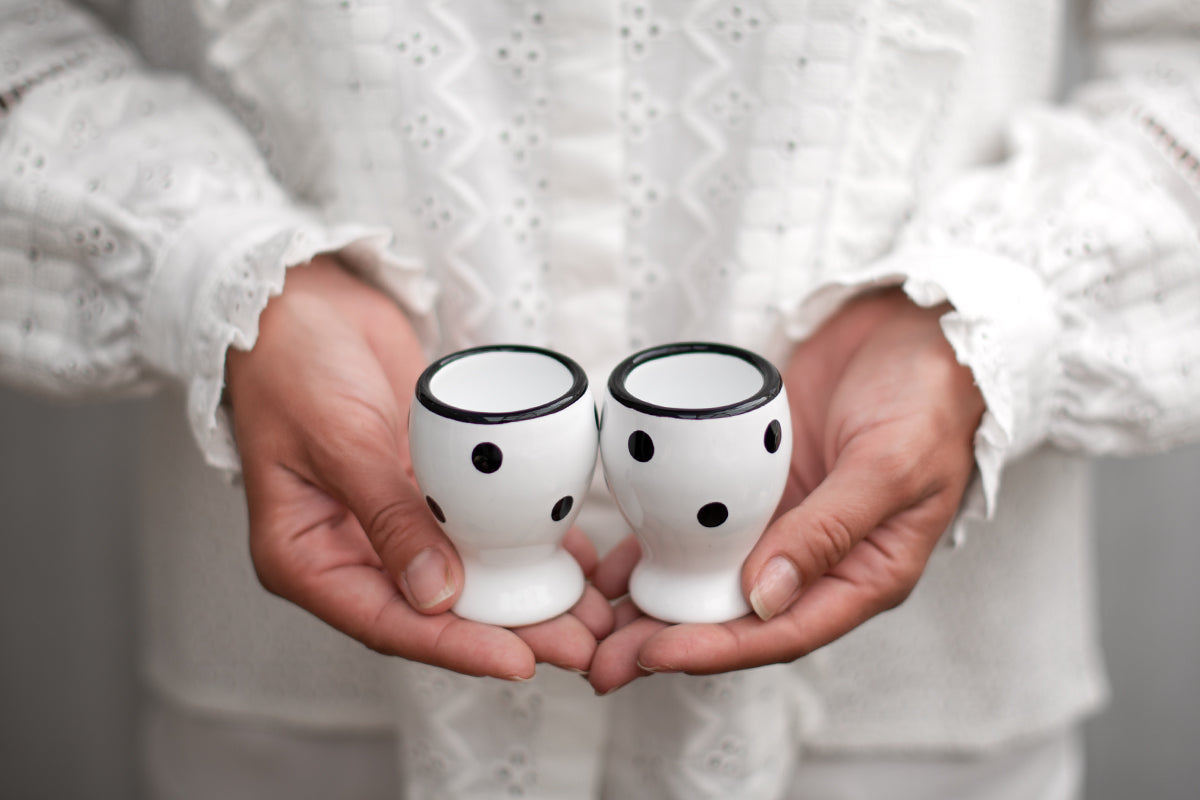 White And Black Polka Dot Spotty Handmade Egg Cup Holder Set of 2