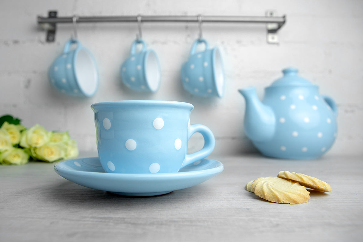 Light Sky Blue And White Polka Dot Spotty Designer Handmade Hand Painted Ceramic 9oz-250ml Cappuccino Coffee Tea Cup with Saucer