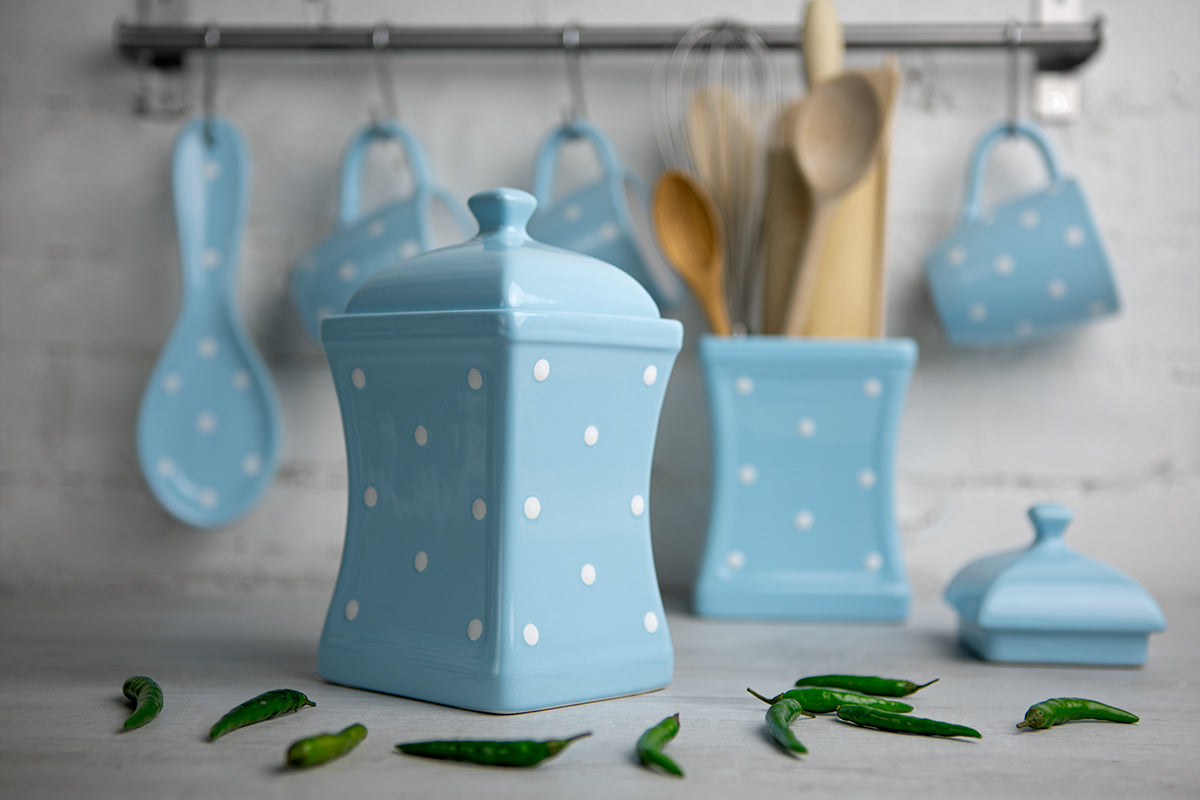 Light Sky Blue And White Polka Dot Spotty Handmade Hand Painted Ceramic Kitchen Serving Storage Set of 10