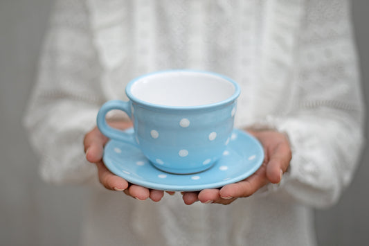 Light Sky Blue And White Polka Dot Spotty Handmade Hand Painted Large Unique Ceramic 12oz-350ml Cappuccino Coffee Tea Cup with Saucer