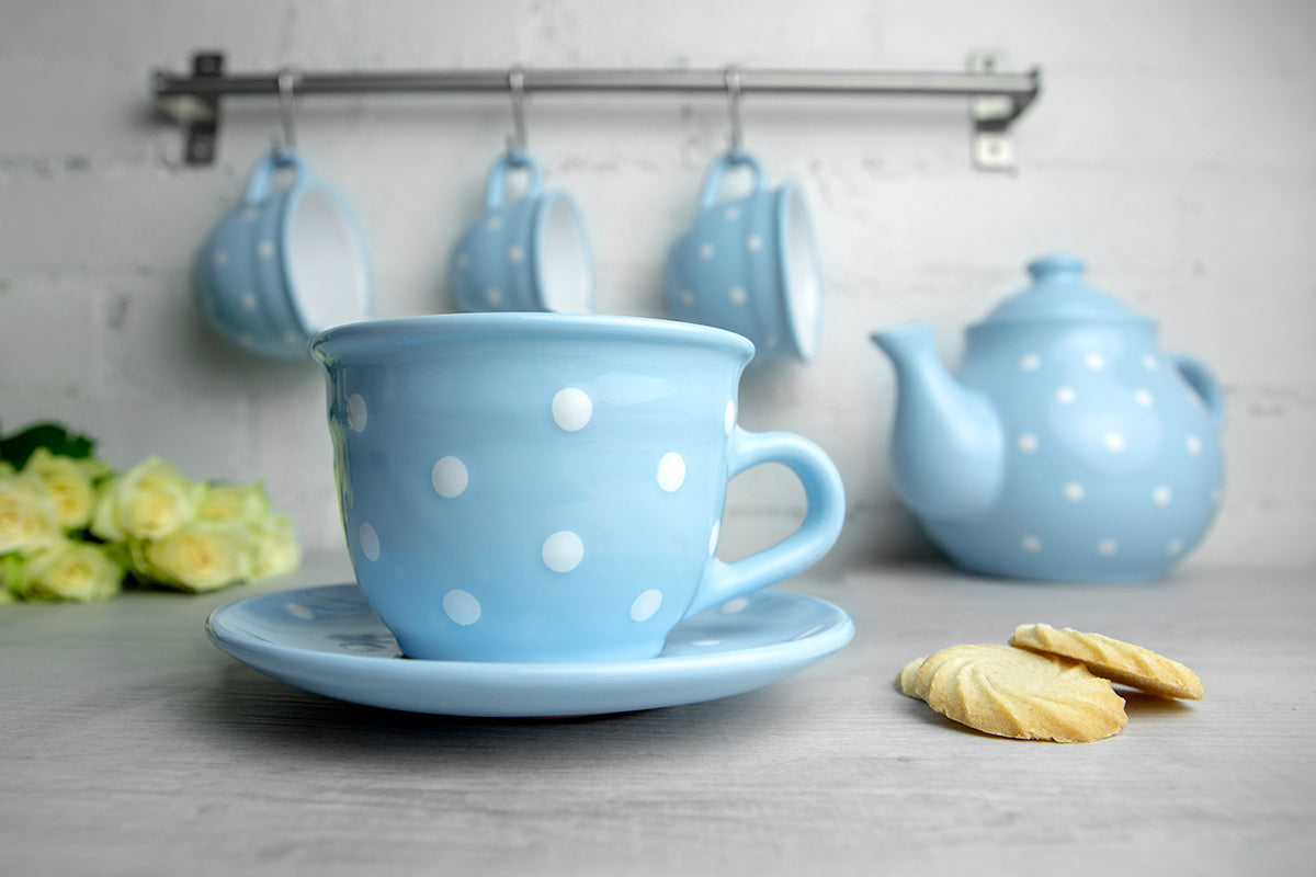 Light Sky Blue And White Polka Dot Spotty Handmade Hand Painted Large Unique Ceramic 12oz-350ml Cappuccino Coffee Tea Cup with Saucer
