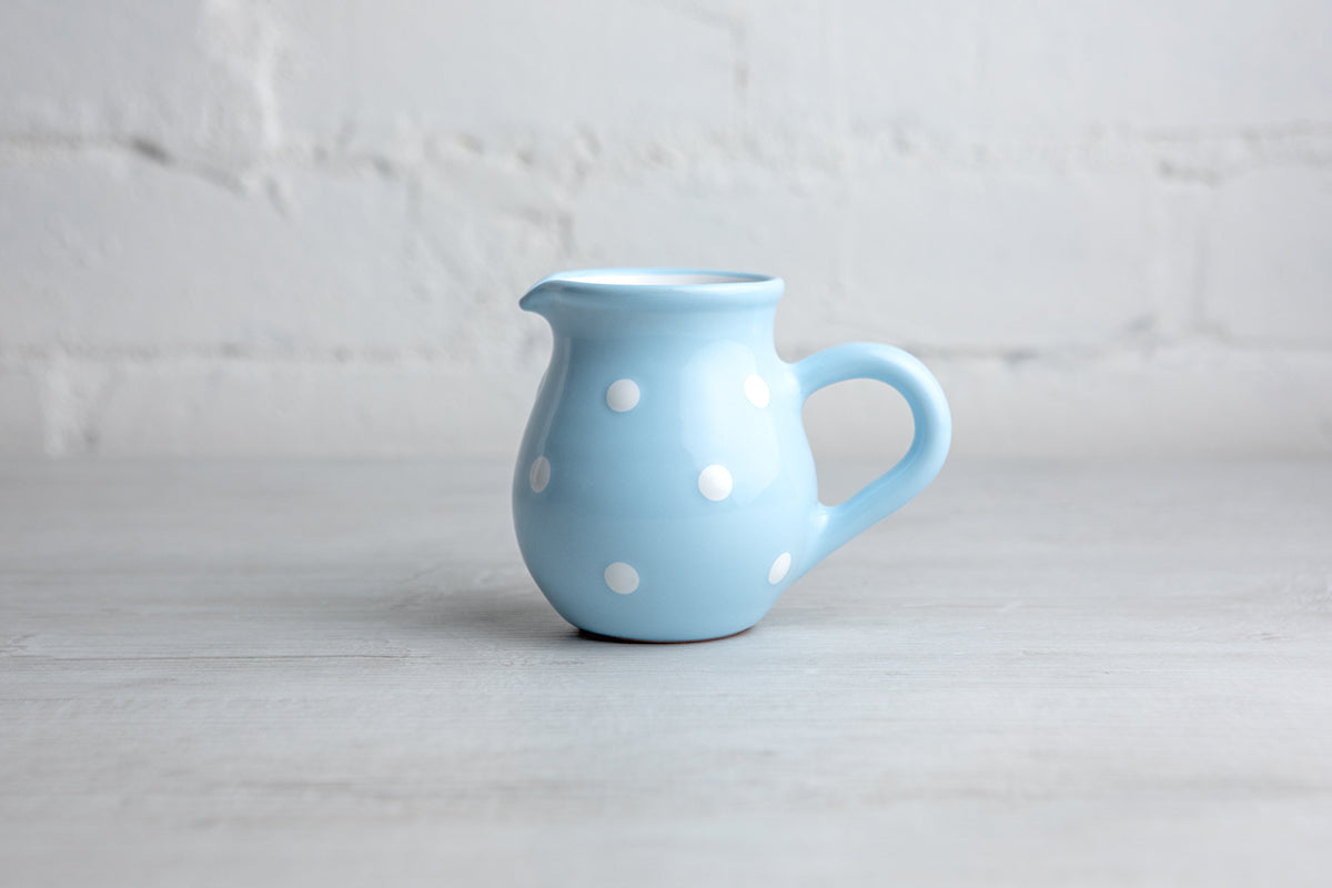 Light Sky Blue And White Polka Dot Spotty Handmade Hand Painted Ceramic Milk Jug