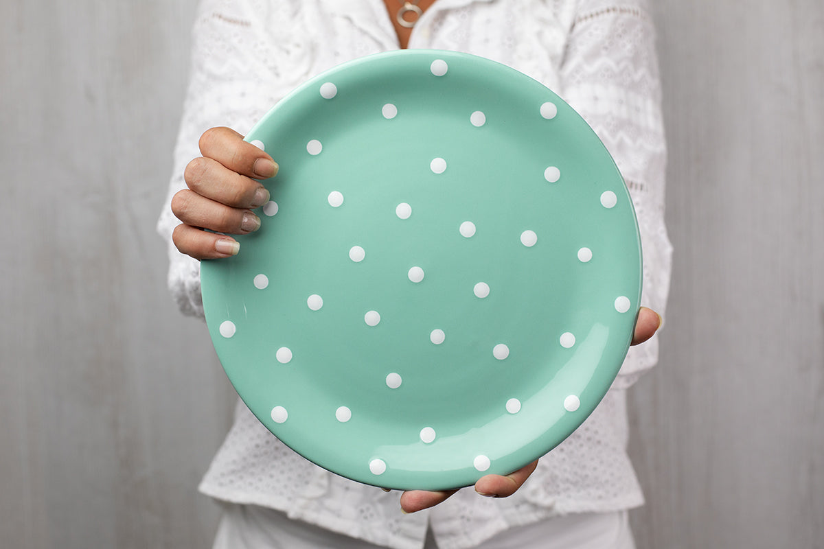 Teal Blue And White Polka Dot Spotty Handmade Hand Painted Glazed Ceramic Flat Dinner Plate