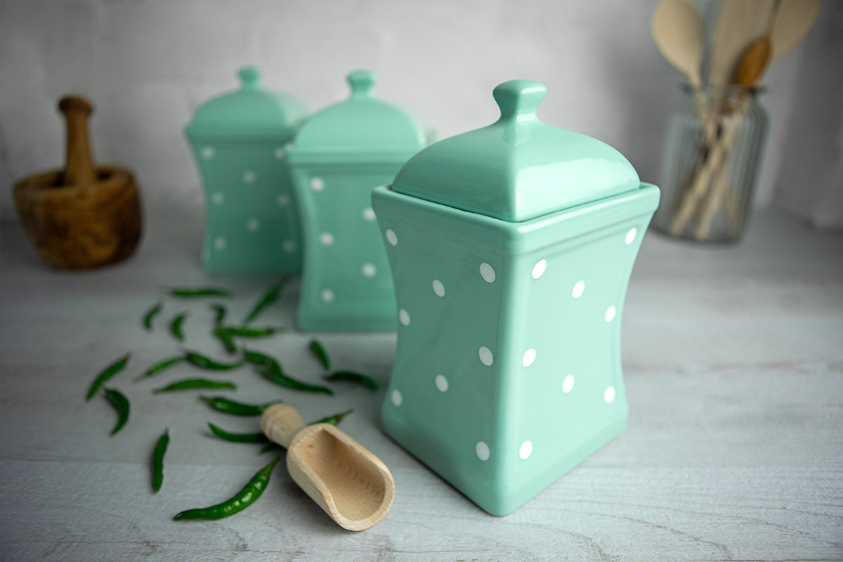 Teal Blue and White Polka Dot Pottery Handmade Hand Painted Large Ceramic Kitchen Storage Jar Set Canister Set - Same Size Jars