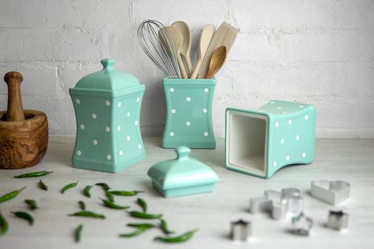 Teal Blue and White Polka Dot Pottery Handmade Hand Painted Large Ceramic Kitchen Storage Jar Set Canister Set - Same Size Jars
