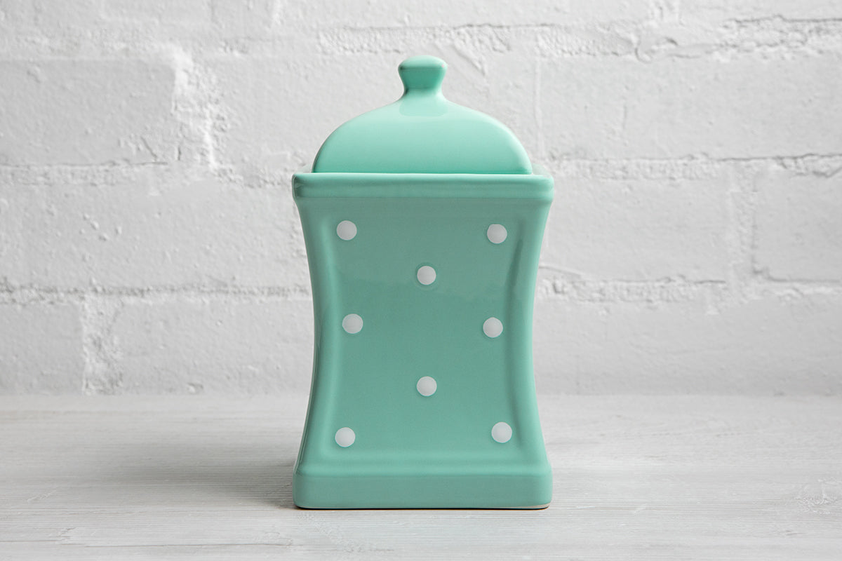 Teal Blue and White Polka Dot Pottery Handmade Hand Painted Large Ceramic Kitchen Storage Jar Set Canister Set - Same Size Jars