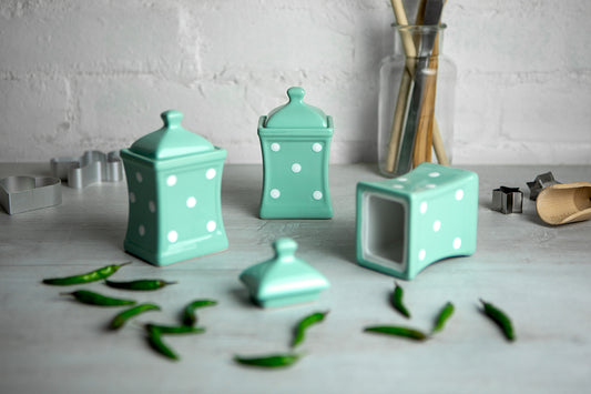 Teal Blue and White Polka Dot Pottery Handmade Hand Painted Small Ceramic Kitchen Herb Spice Jars Canister Set - Same Size Jars