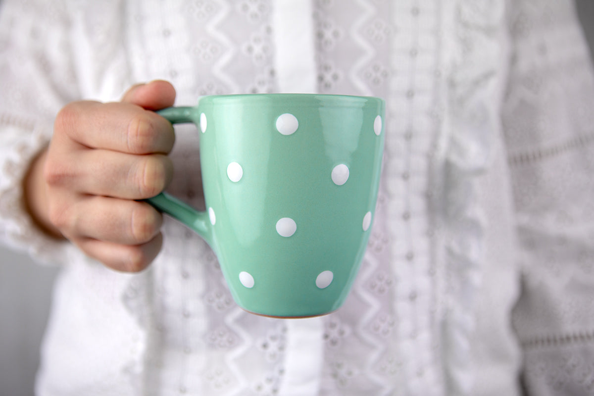 Teal Blue And White Polka Dot Spotty Designer Handmade Hand Painted Unique Ceramic 10oz-300ml Coffee Tea Mug with Large Handle