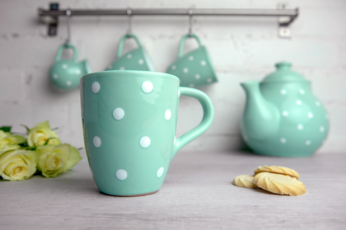 Teal Blue And White Polka Dot Spotty Designer Handmade Hand Painted Unique Ceramic 10oz-300ml Coffee Tea Mug with Large Handle