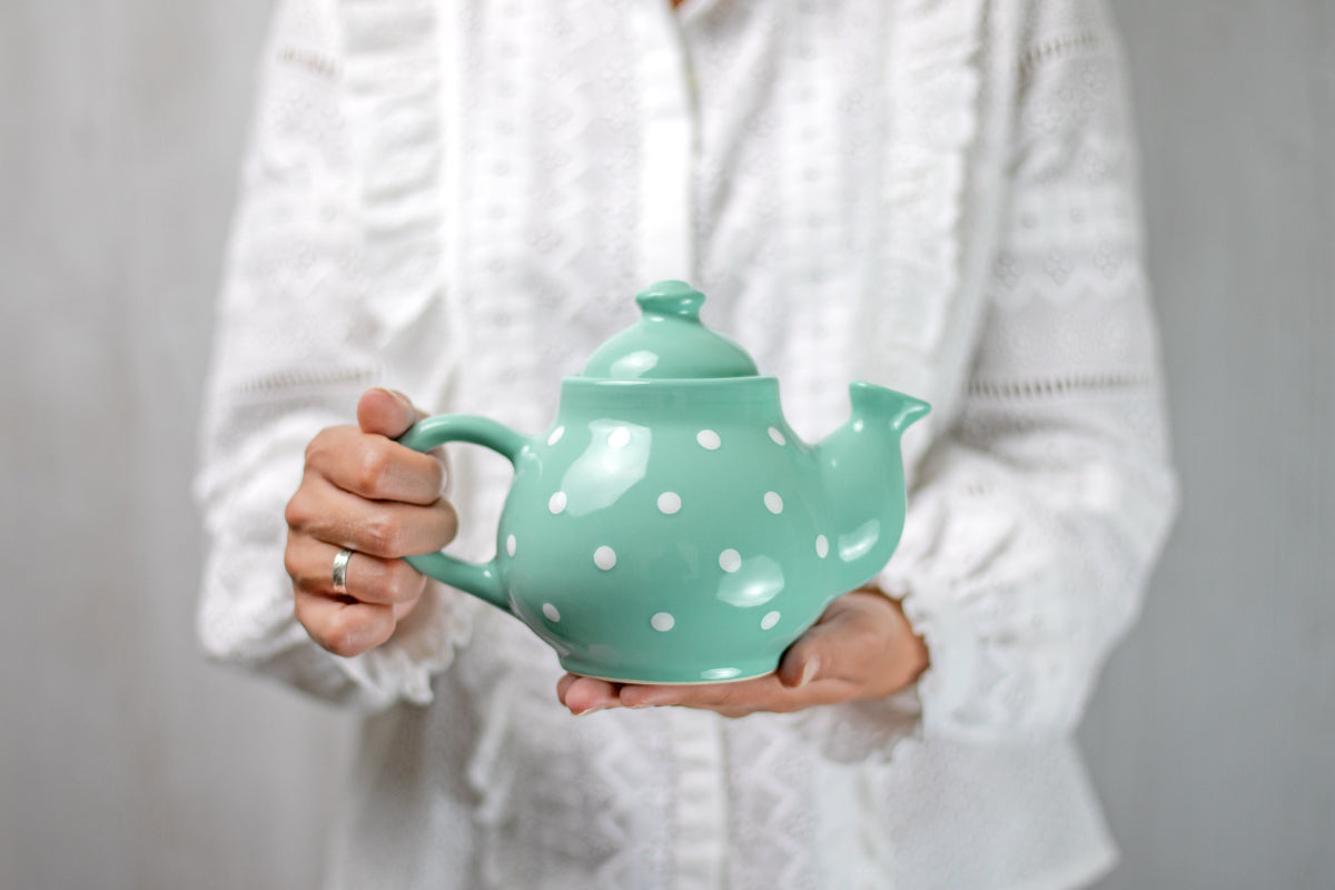 Teal Blue and White Polka Dot Pottery Handmade Hand Painted Ceramic Teapot Milk Jug Sugar Bowl Set