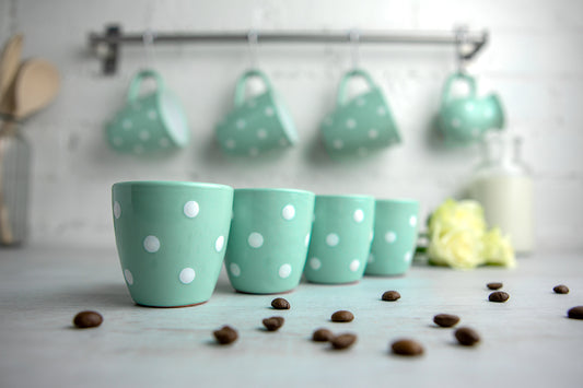 Teal Blue And White Polka Dot Spotty Designer Handmade Hand Painted Unique Ceramic 2oz-60ml Espresso Coffee Cup Set of 4