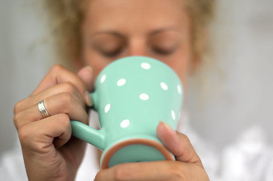 Teal Blue And White Polka Dot Spotty Handmade Hand Painted Ceramic Coffee Tea Latte Mug with Large Handle 8 oz - 220 ml