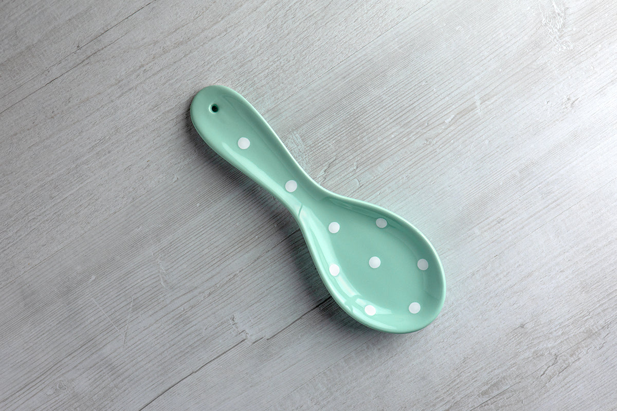 Teal Blue And White Polka Dot Spotty Handmade Hand Painted Ceramic Kitchen Cooking Spoon Rest