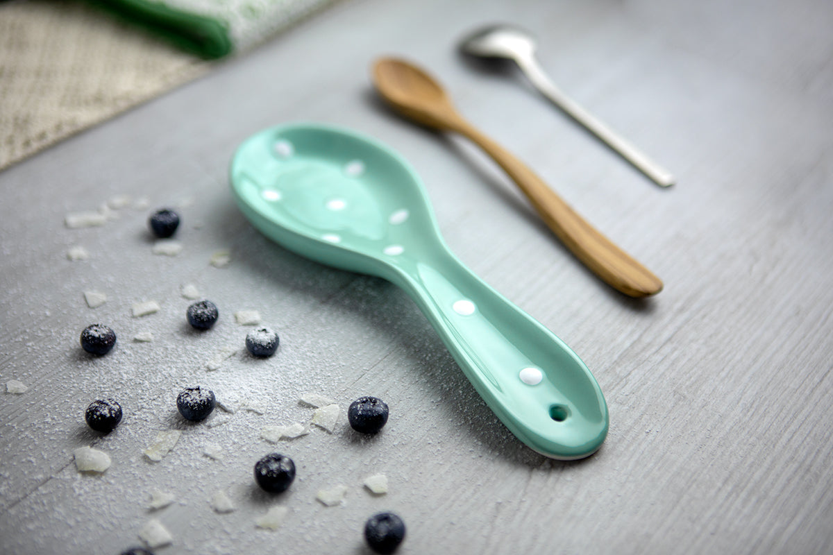 Teal Blue And White Polka Dot Spotty Handmade Hand Painted Ceramic Kitchen Cooking Spoon Rest