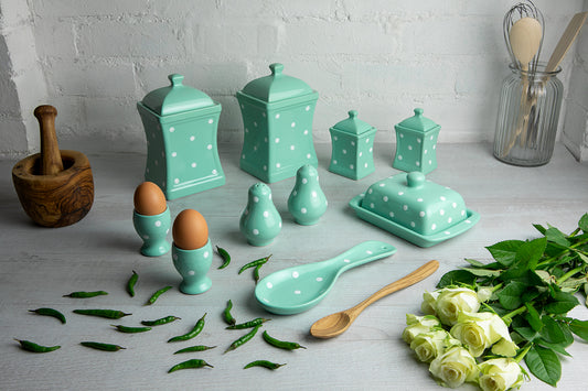 Teal Blue And White Polka Dot Spotty Handmade Hand Painted Ceramic Kitchen Serving Storage Set of 10