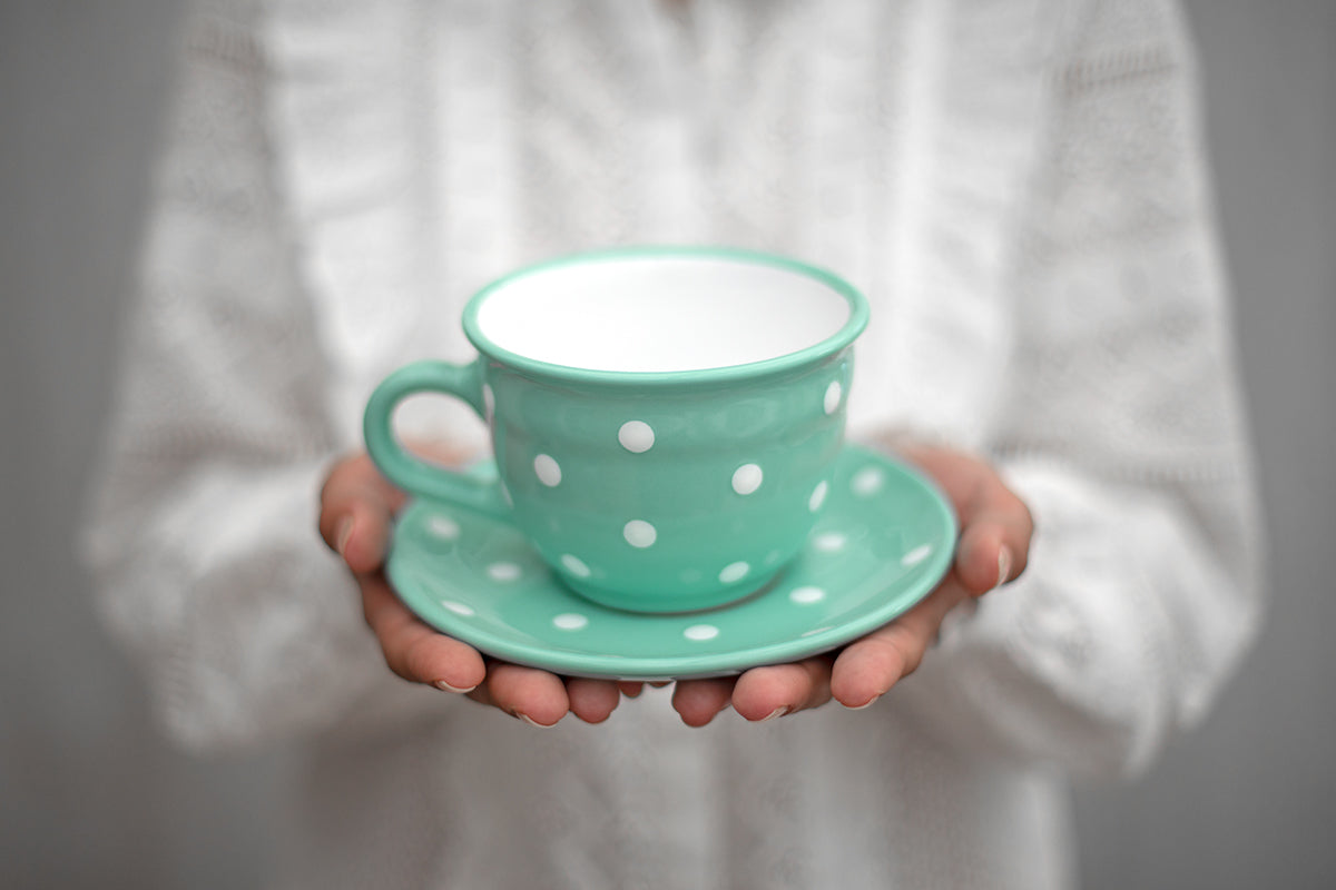 Teal Blue And White Polka Dot Spotty Handmade Hand Painted Large Unique Ceramic 12oz-350ml Cappuccino Coffee Tea Cup with Saucer