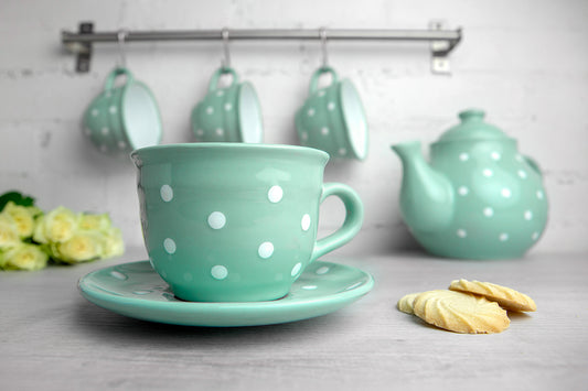 Teal Blue And White Polka Dot Spotty Handmade Hand Painted Large Unique Ceramic 12oz-350ml Cappuccino Coffee Tea Cup with Saucer