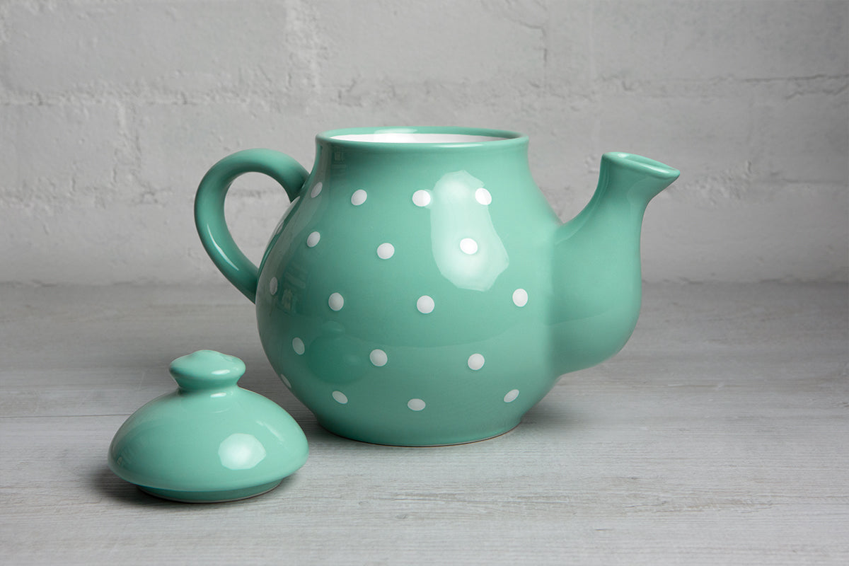 Teal Blue And White Polka Dot Spotty Large Handmade Hand Painted Ceramic Teapot with Handle 60 oz / 1.7 l