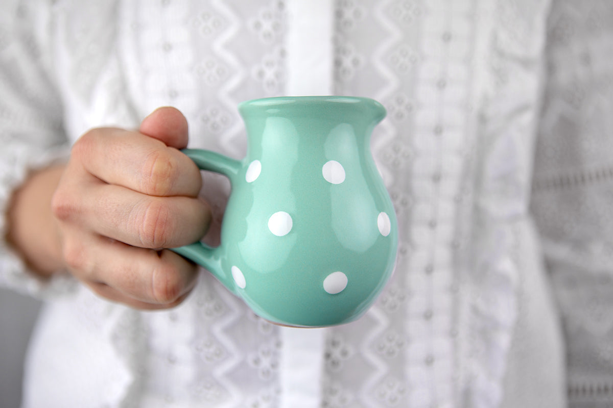 Teal Blue And White Polka Dot Spotty Handmade Hand Painted Ceramic Milk Jug