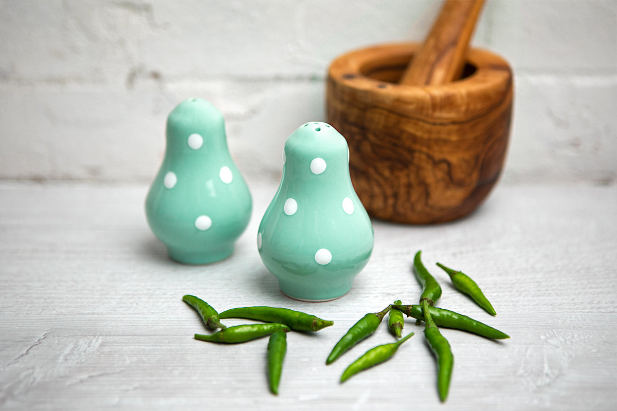 Teal Blue And White Polka Dot Spotty Handmade Hand Painted Ceramic Salt and Pepper Shaker Pot