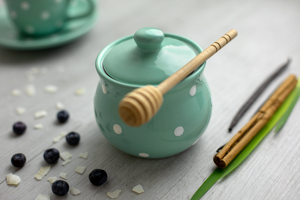 City to Cottage Ceramic Sugar Bowl with Lid, 10oz Sugar Contanier for Coffee Bar, Sugar Dispenser Bowl, Salt - Condiment Pot for Kitchen Counter, Handcrafted Turquoise Blue Polka Dot Sugar Jar