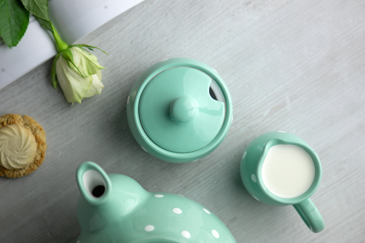 City to Cottage Ceramic Sugar Bowl with Lid, 10oz Sugar Contanier for Coffee Bar, Sugar Dispenser Bowl, Salt - Condiment Pot for Kitchen Counter, Handcrafted Turquoise Blue Polka Dot Sugar Jar