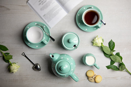 Teal Blue and White Polka Dot Pottery Handmade Hand Painted Ceramic Teapot Milk Jug Sugar Bowl Set With Two Cups and Saucers