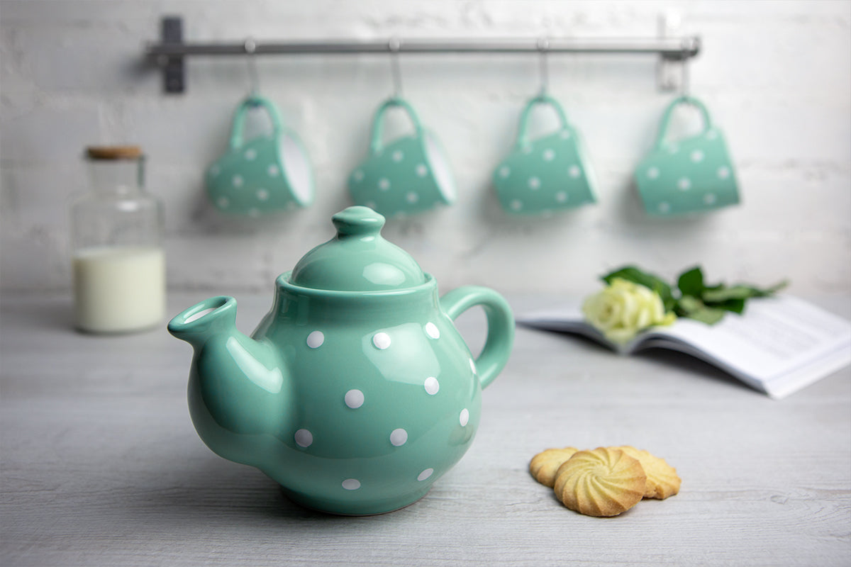 Teal Blue and White Polka Dot Pottery Handmade Hand Painted Ceramic Teapot Milk Jug Sugar Bowl Set With Two Cups and Saucers