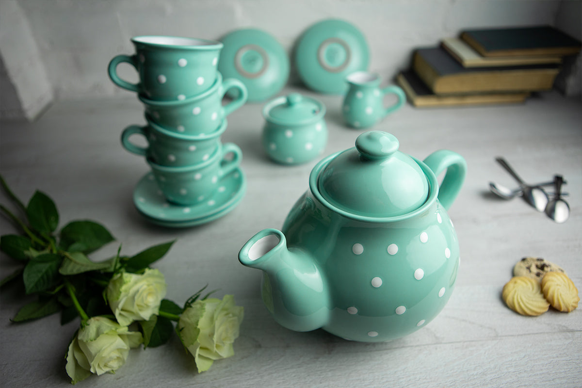 Teal Blue And White Polka Dot Spotty Handmade Hand Painted Ceramic Large Teapot Milk Jug Sugar Bowl Set With 4 Cups and Saucers