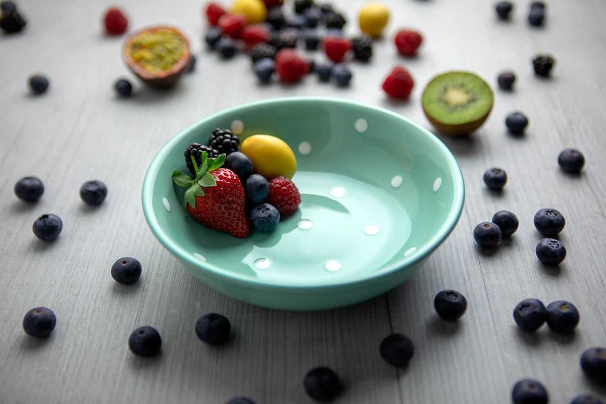 Teal Blue And White Polka Dot Spotty Handmade Hand Painted Ceramic Salad Pasta Fruit Cereal Soup Bowl